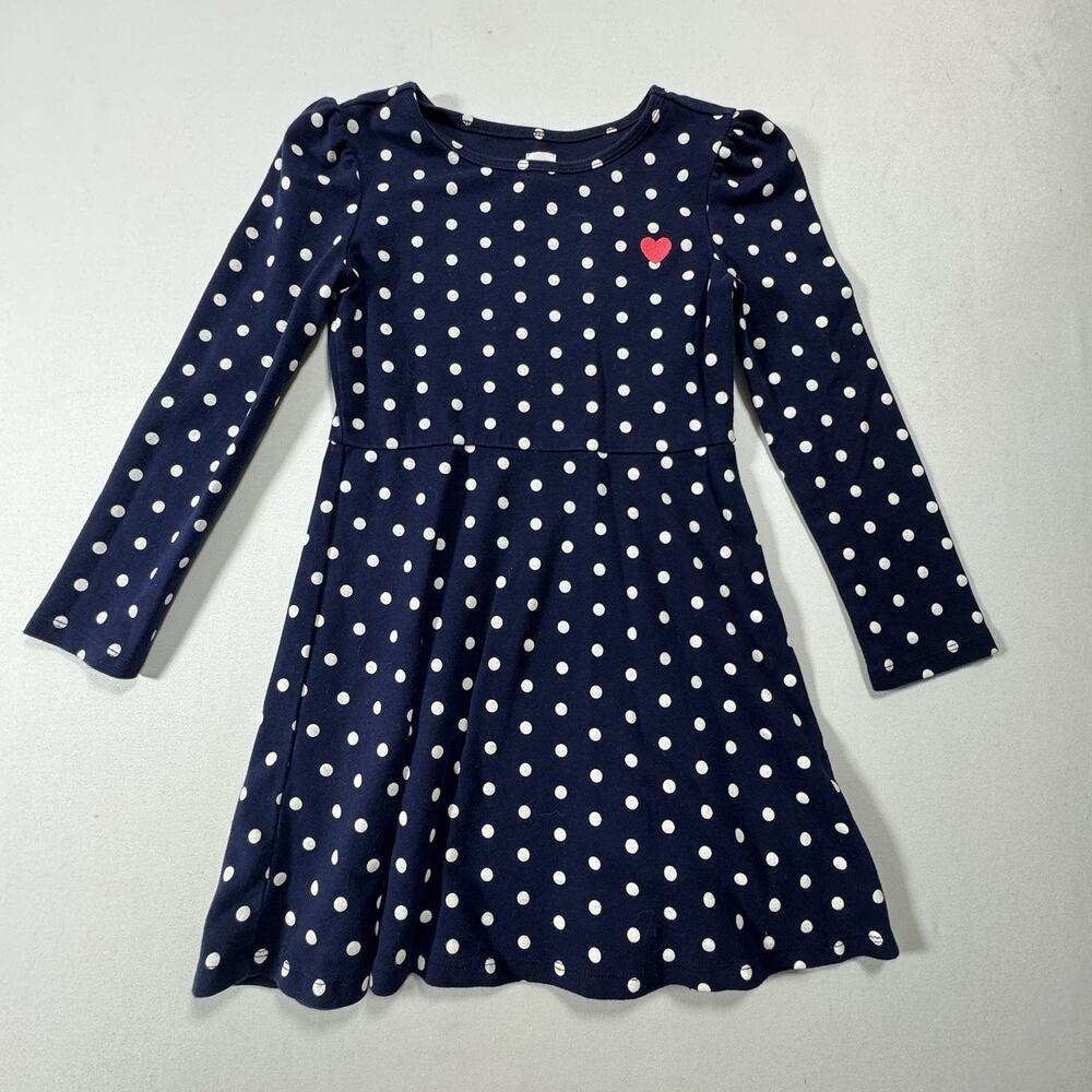 Gap Kids Girls Navy Polka Dot Heart Embroidery Long Sleeve Skater Dress S 6-7